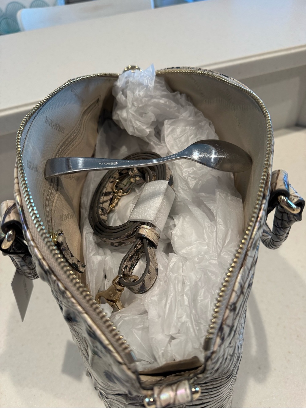 NWT. Brahmin Iridescent Croc-Embossed Large Satchel - Pearl Green Sheen - Picture 7 of 7